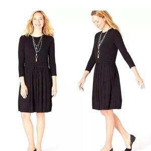 J. Jill Black Pleated Drawstring Waist Knit Dress 3/4 Sleeve Stretch Size Small